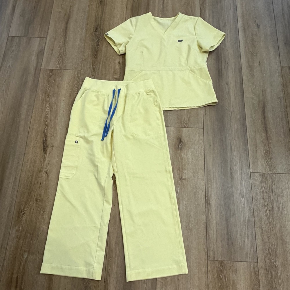 Figs Women's Yellow Scrub Set with Blue Drawstring